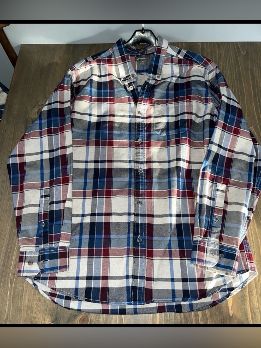 Eddie Bauer Men's Plaid Button-Down Shirt - Blue, Burgundy & White